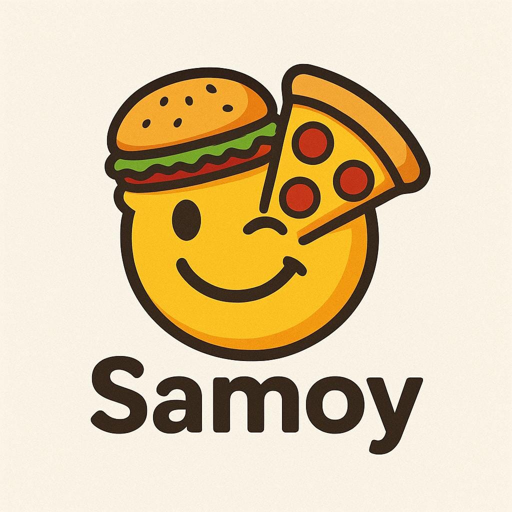 Samoy – das Logo mit Burger und Pizza